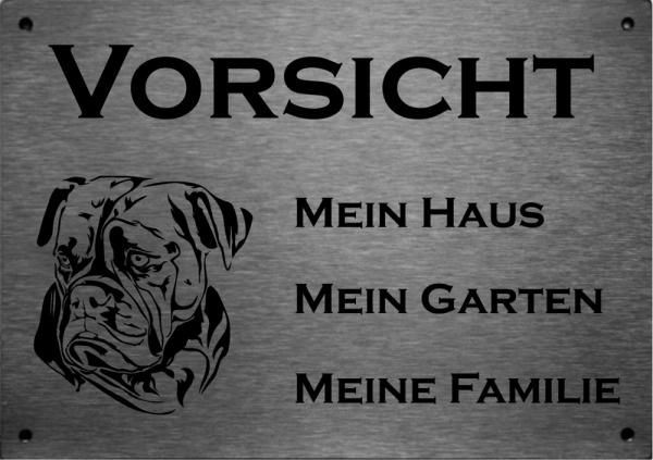 Edelstahl Warnschild Old English Bulldog VORSICHT Mein Haus mein Garten meine Familie